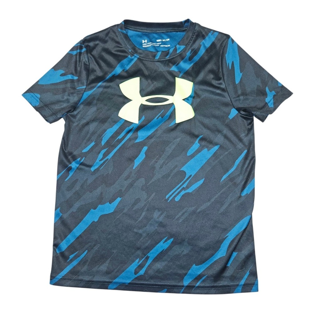 Under Armour Shirt Boys YSM Small Blue Camo HeatGear Short Sleeve Athletic Gym T